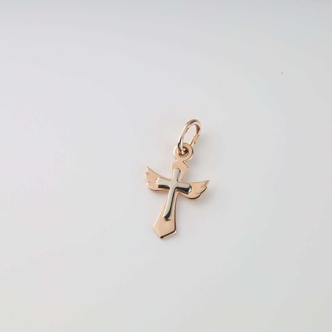 Children’s 14K gold cross pendant with angel wings and white gold inlay. Handcrafted in Ukraine, available in the USA. Perfect baptism gift.