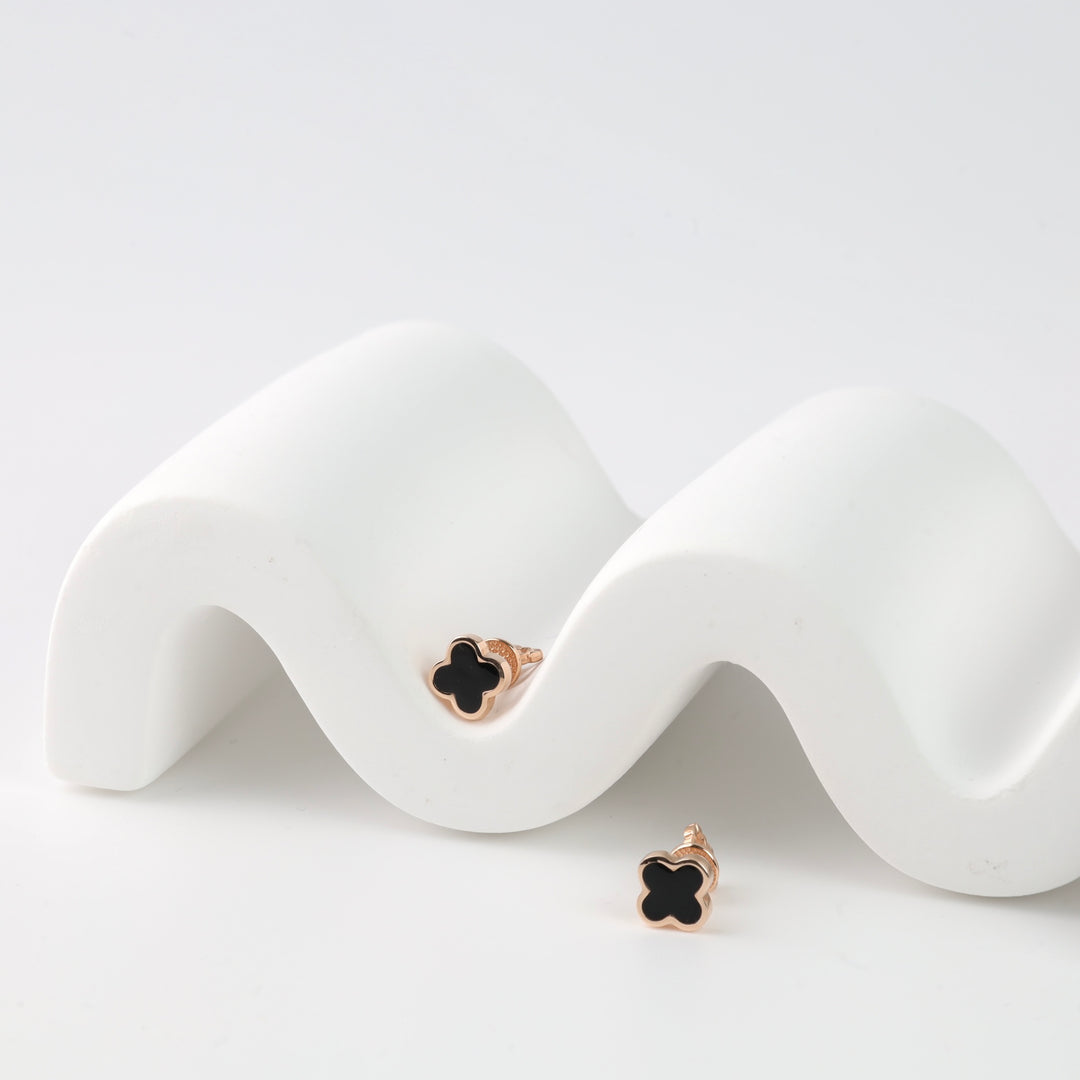 Clover Screwback Earrings with Black Enamel | 14K Rose Gold (585) - Ukrainian Jewelry