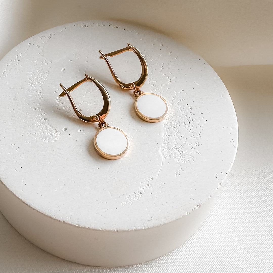 Gold Earrings with White Enamel | 14K Rose Gold (585) - Ukrainian Jewelry