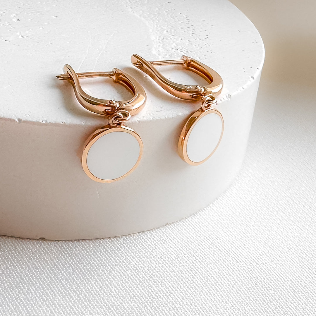 Gold Earrings with White Enamel | 14K Rose Gold (585) - Ukrainian Jewelry