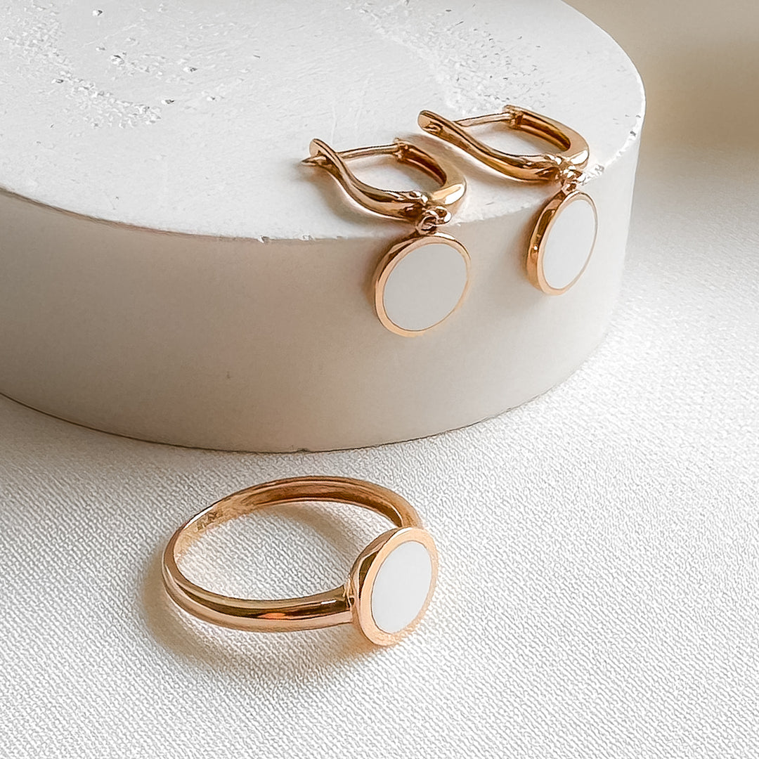 Gold Earrings with White Enamel | 14K Rose Gold (585) - Ukrainian Jewelry