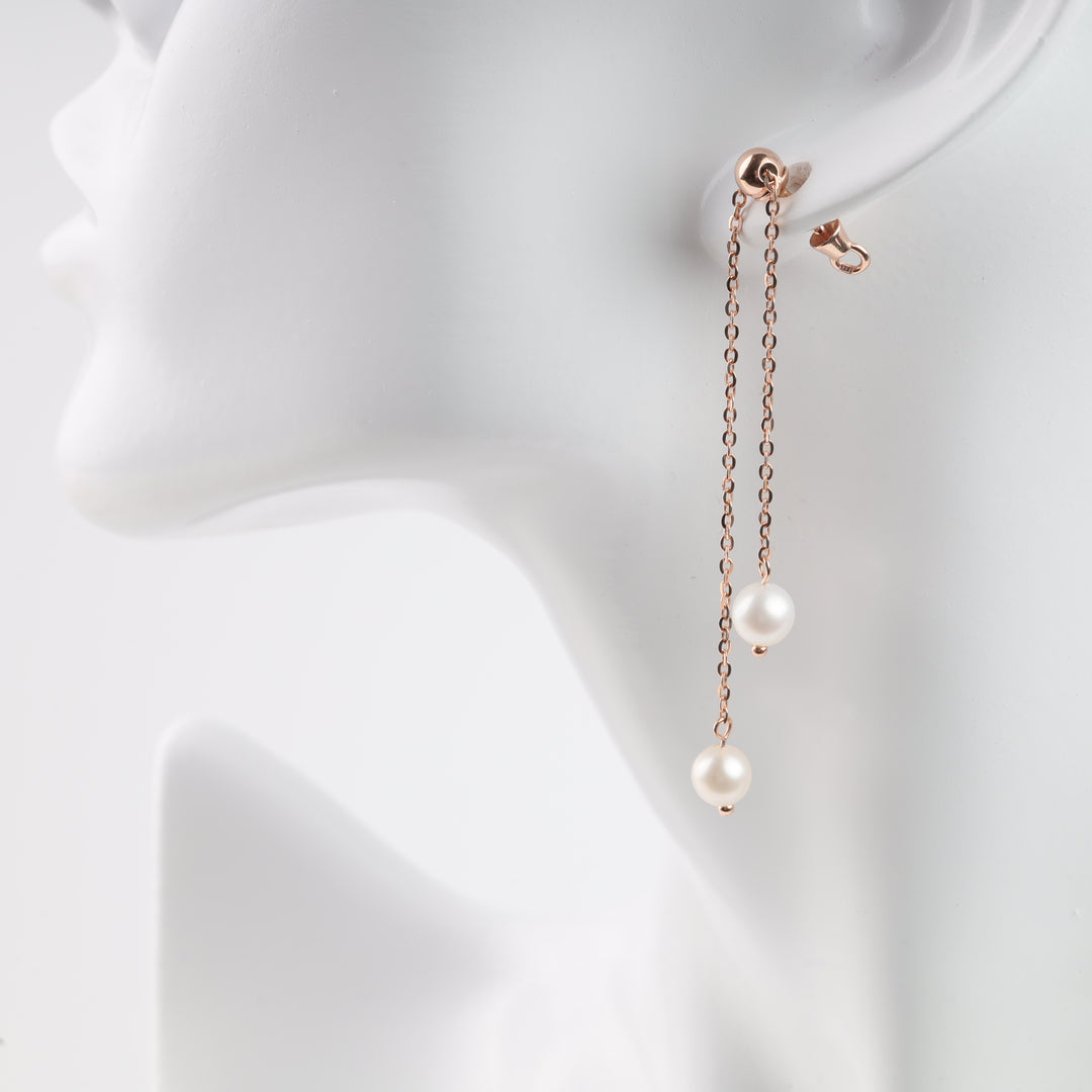 Screw-back Chain earrings with Pearls | 14K Rose Gold (585)- Ukrainian Jewelry