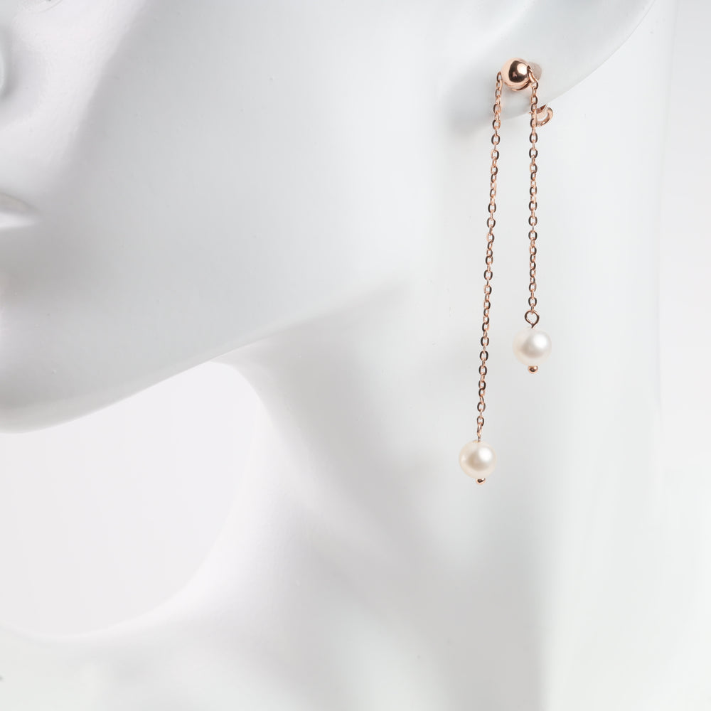 Screw-back Chain earrings with Pearls | 14K Rose Gold (585) - Ukrainian Jewelry