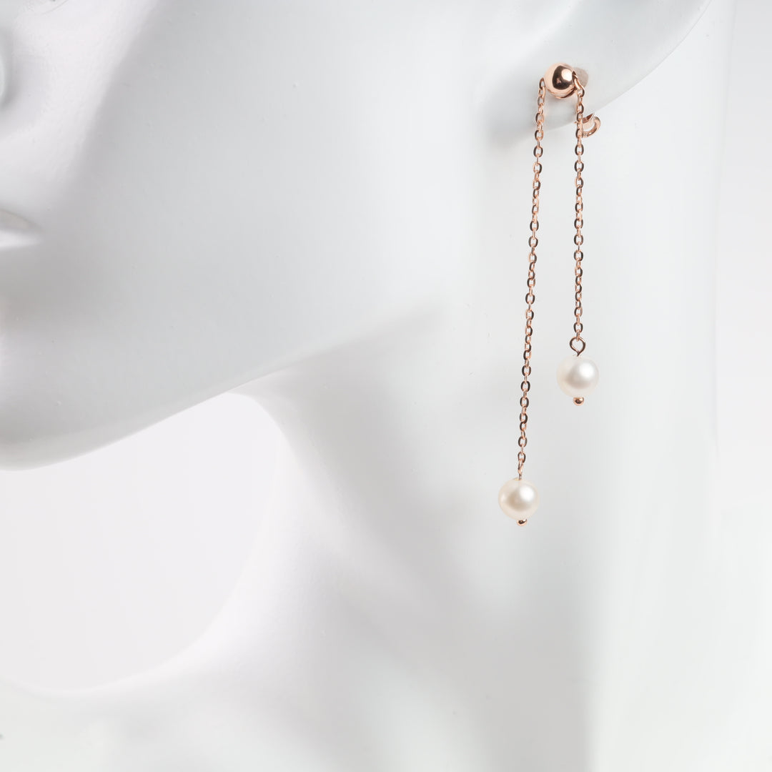 Screw-back Chain earrings with Pearls | 14K Rose Gold (585) - Ukrainian Jewelry