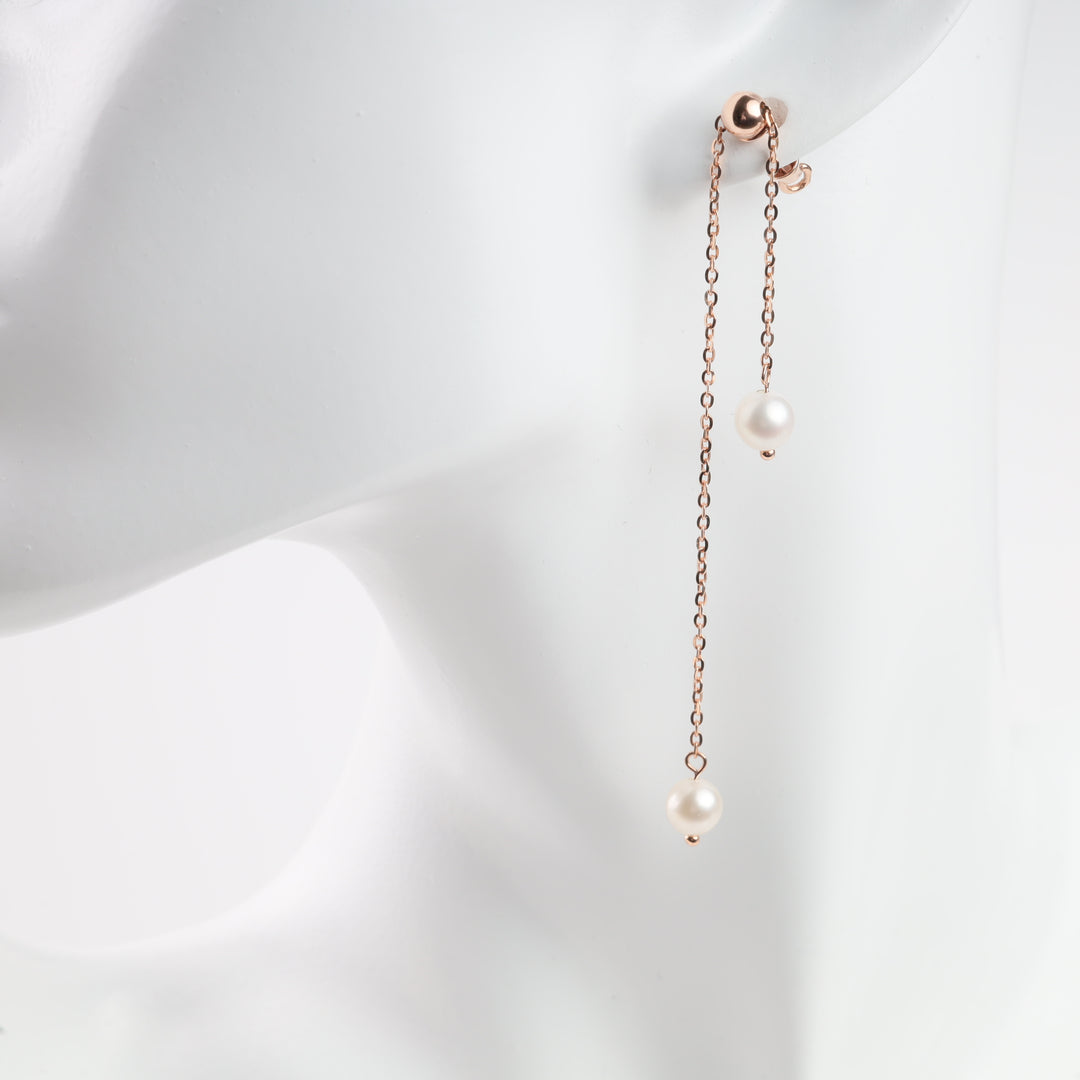 Screw-back Chain earrings with Pearls | 14K Rose Gold (585) - Ukrainian Jewelry