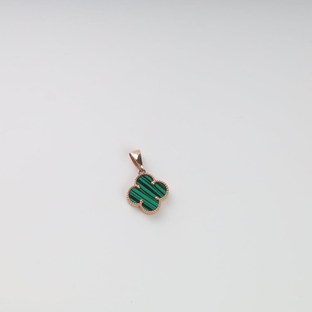 Gold and green clover-shaped pendant with malachite stone on a plain white background.