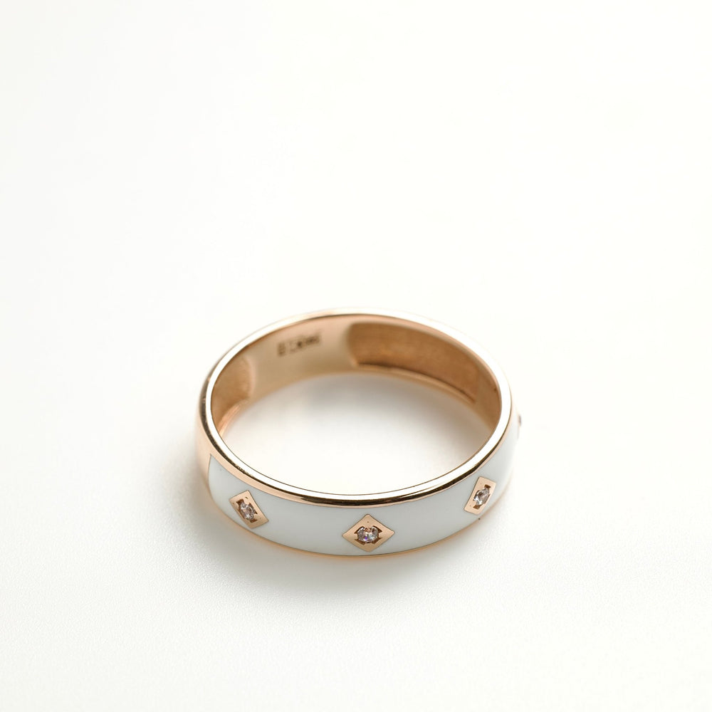 Ring with White Enamel and Cubic Zirconia | 14K Gold - Ukrainian Jewelry