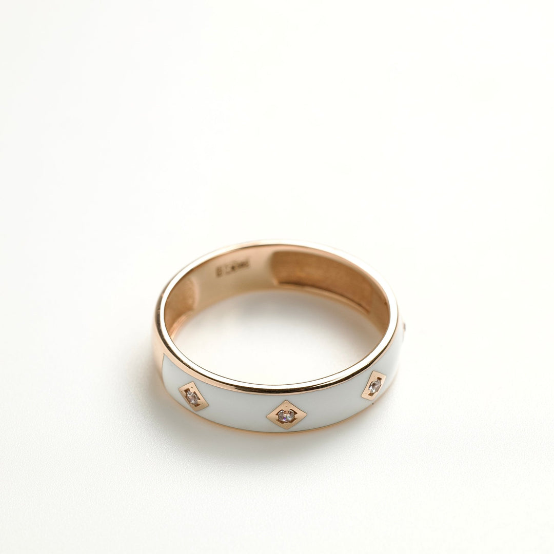 Ring with White Enamel and Cubic Zirconia | 14K Gold - Ukrainian Jewelry