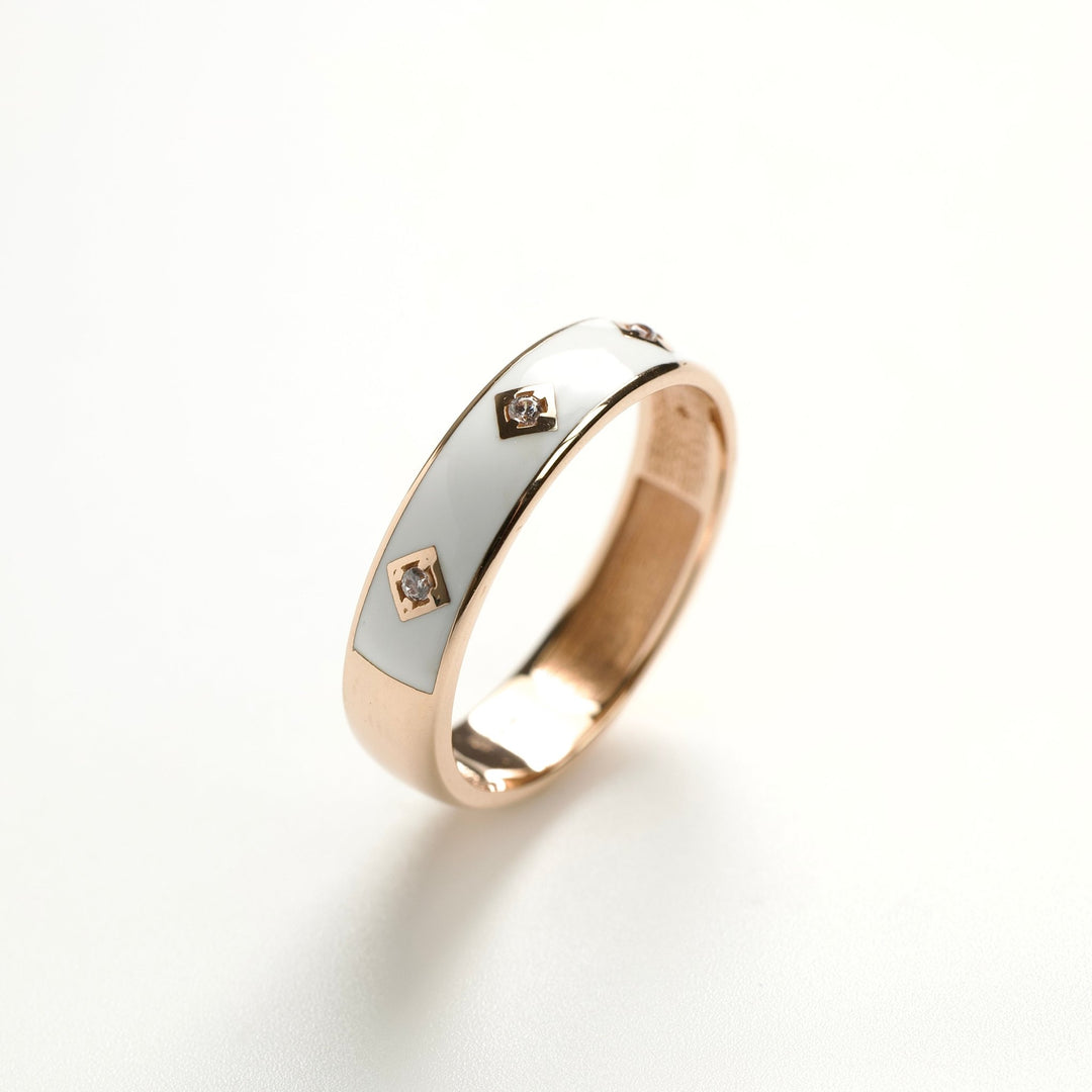 Ring with White Enamel and Cubic Zirconia | 14K Gold - Ukrainian Jewelry