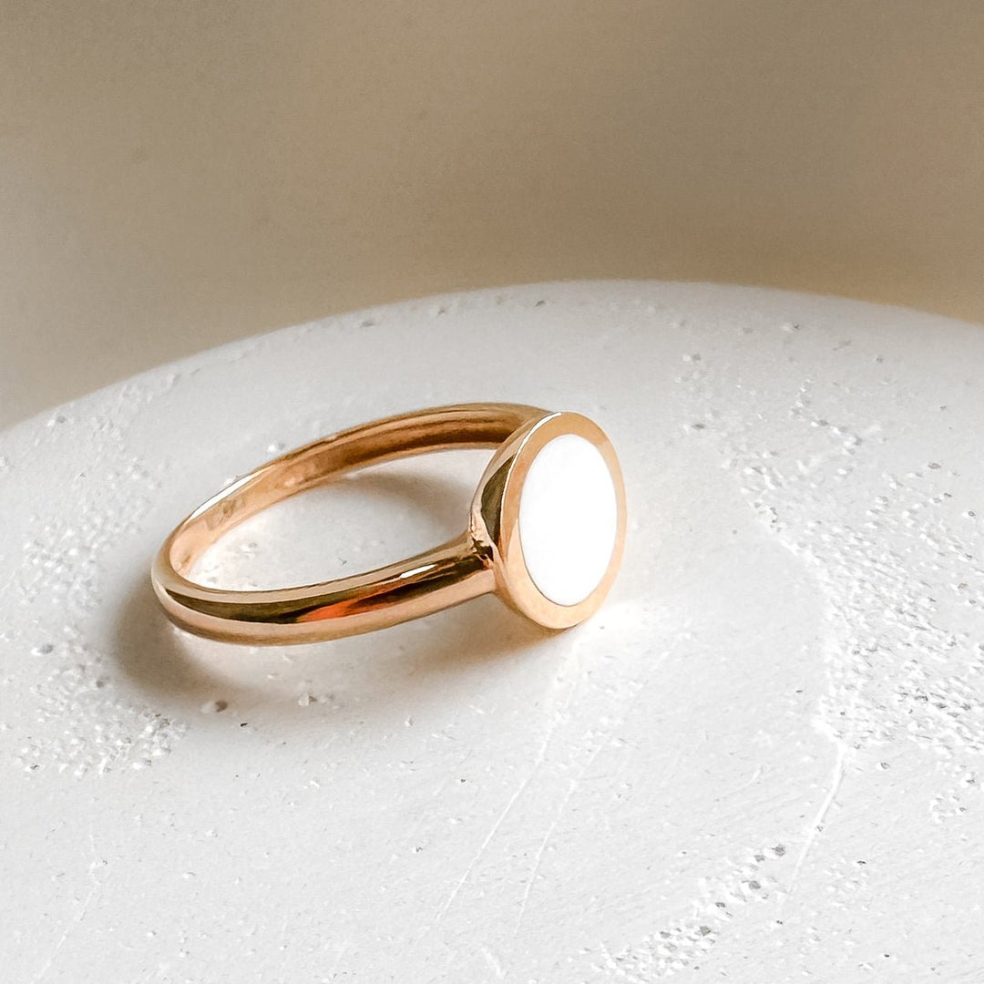 Gold Ring with White Enamel | 14K Rose Gold (585) - Ukrainian Jewelry