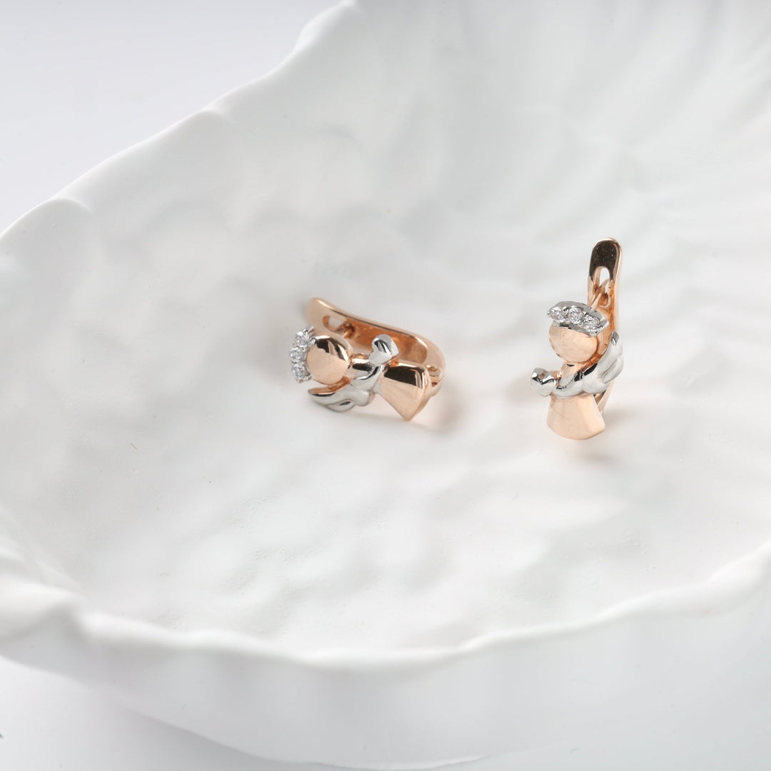 Children’s Angel Earrings with Cubic Zirconia | 14K Rose Gold (585) - Ukrainian Jewelry