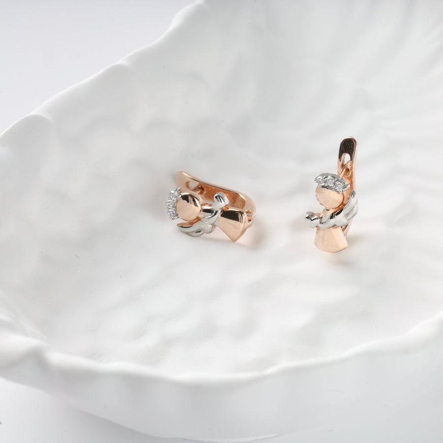 Children’s Angel Earrings with Cubic Zirconia | 14K Rose Gold (585) - Ukrainian Jewelry