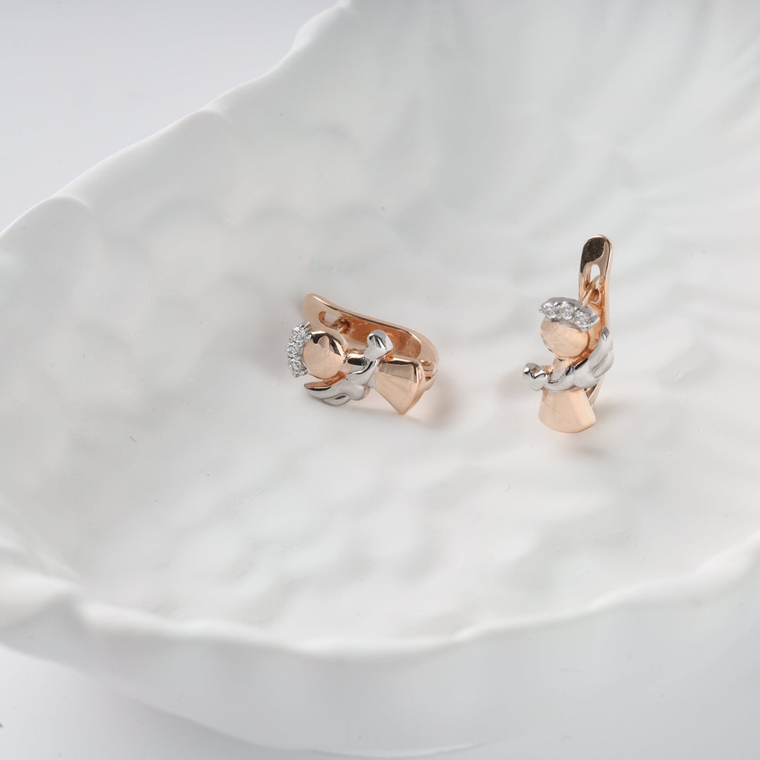 Children’s Angel Earrings with Cubic Zirconia | 14K Rose Gold (585) - Ukrainian Jewelry