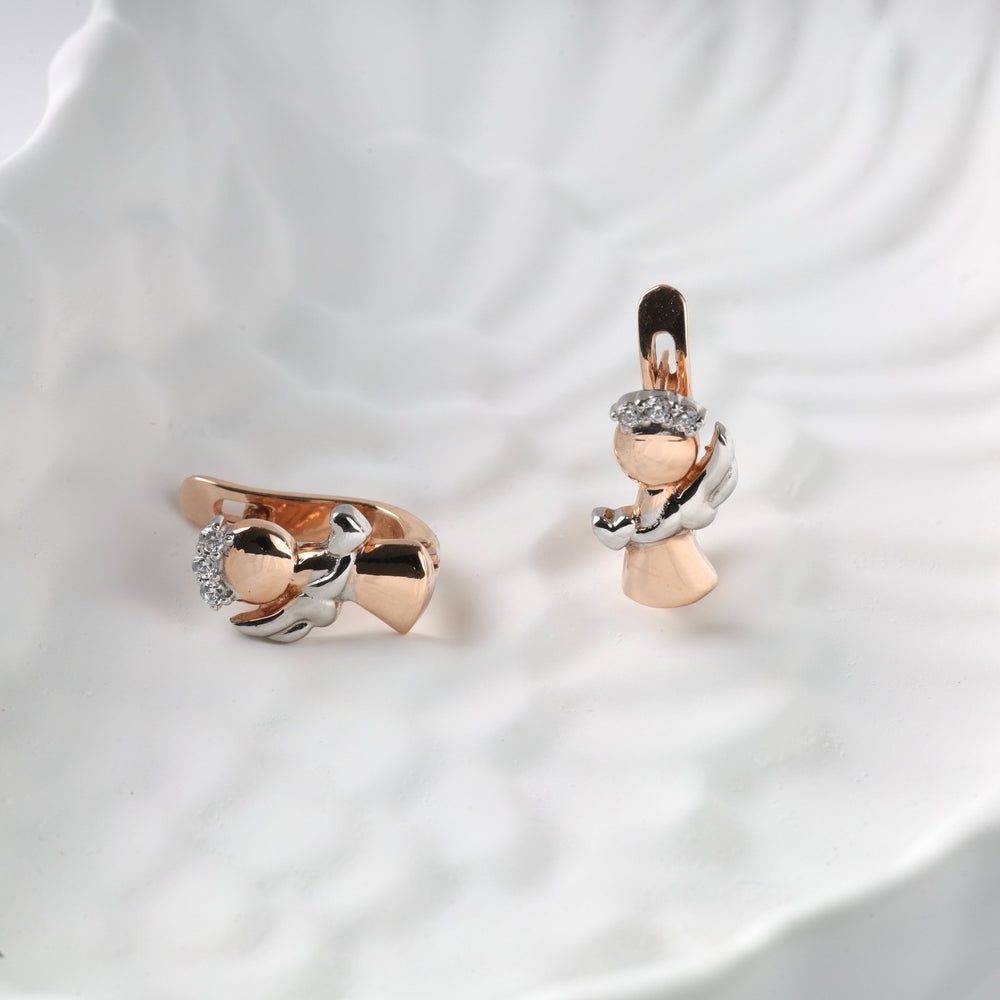 Children’s Angel Earrings with Cubic Zirconia | 14K Rose Gold (585) - Ukrainian Jewelry