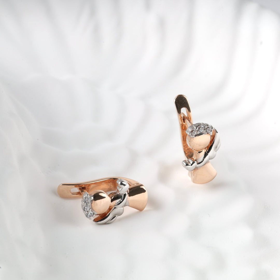 Children’s Angel Earrings with Cubic Zirconia | 14K Rose Gold (585) - Ukrainian Jewelry
