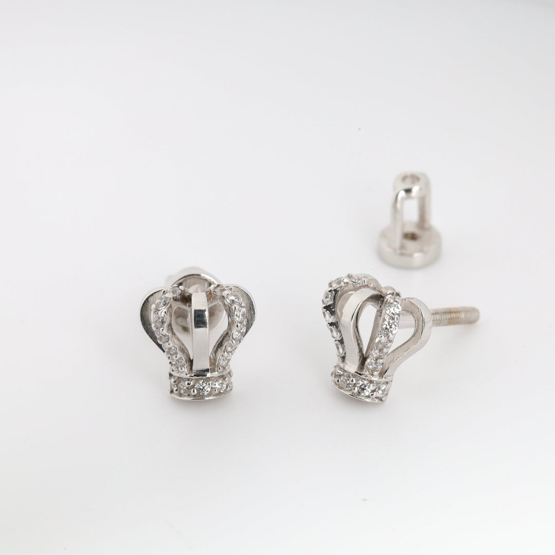 Crowns Screw-back Earrings with Cubic Zirconia | 14K White gold (585) - Ukrainian Jewelry