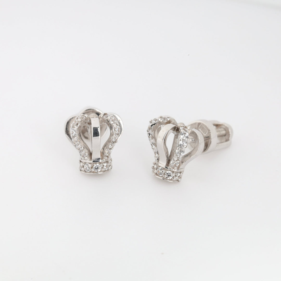 Crowns Screw-back Earrings with Cubic Zirconia | 14K White gold (585) - Ukrainian Jewelry
