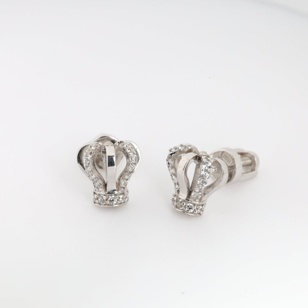 Crowns Screw-back Earrings with Cubic Zirconia | 14K White gold (585) - Ukrainian Jewelry