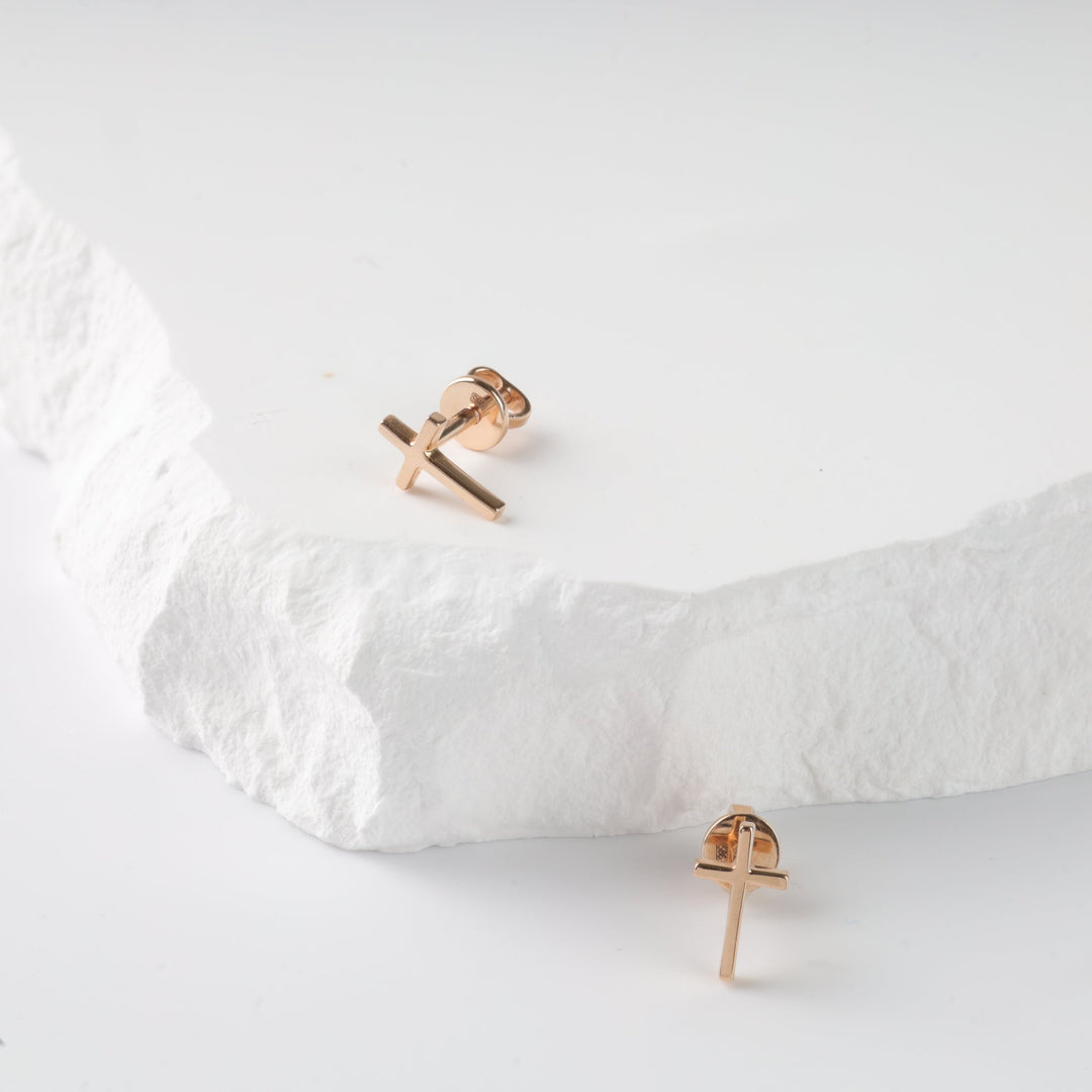 Cross Screw-back earrings | 14K Rose gold (585) - Ukrainian Jewelry