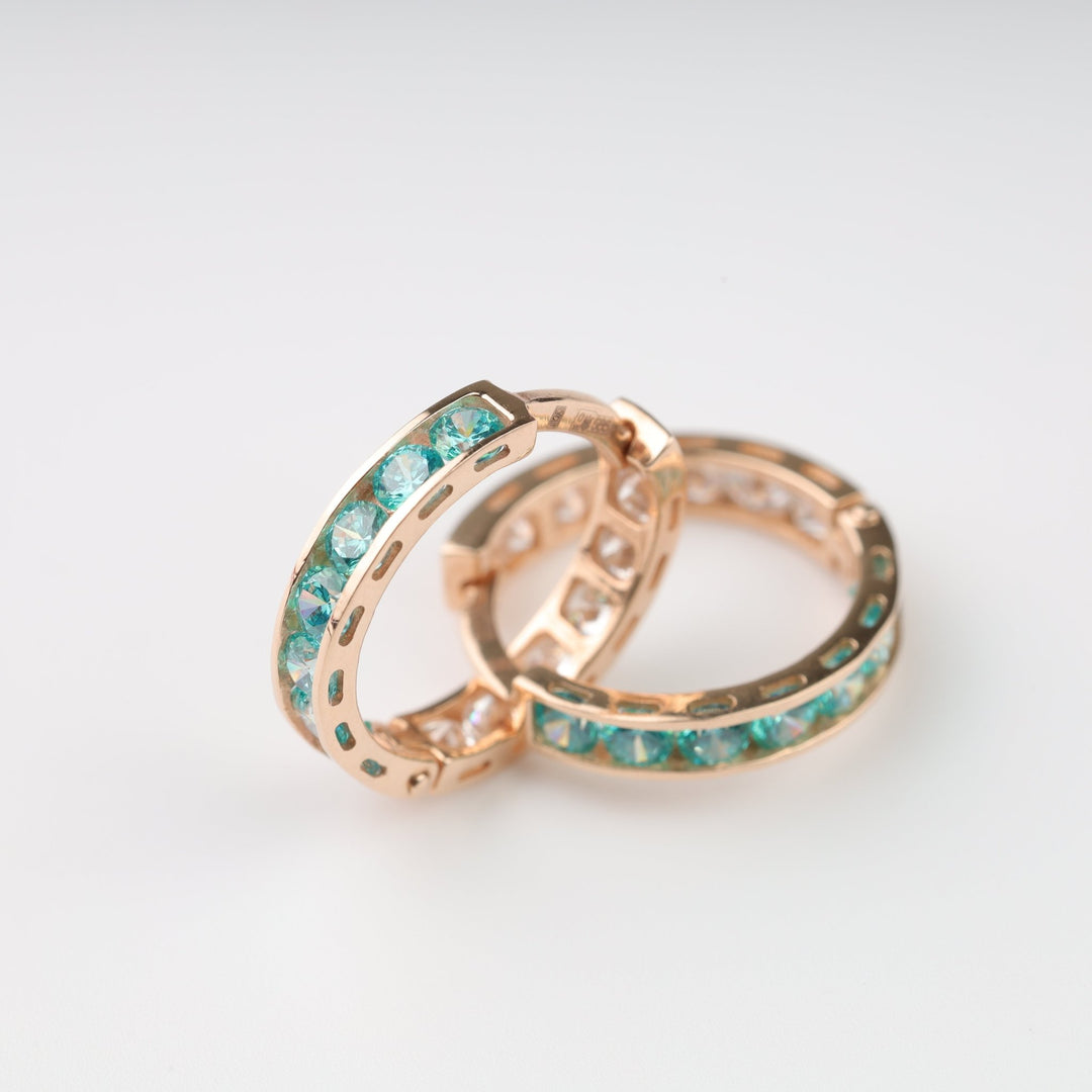 Mint Glow Hoop Earrings with Cubic Zirconia | 14K Rose Gold (585) - Ukrainian Jewelry