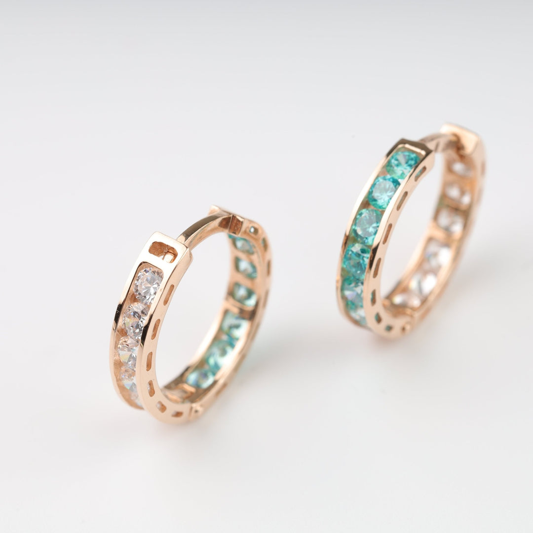 Mint Glow Hoop Earrings with Cubic Zirconia | 14K Rose Gold (585) - Ukrainian Jewelry