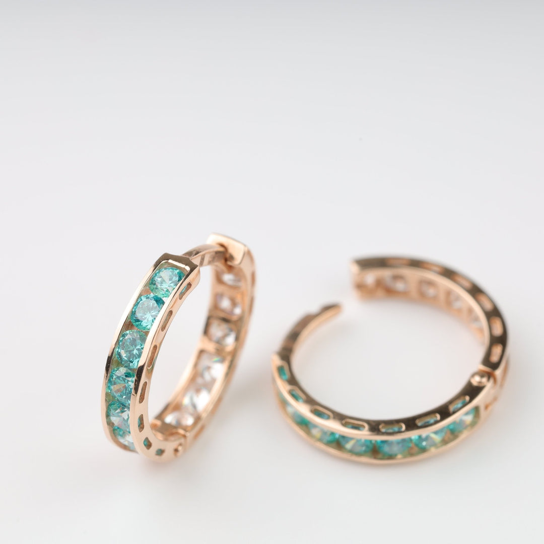 Mint Glow Hoop Earrings with Cubic Zirconia | 14K Rose Gold (585) - Ukrainian Jewelry