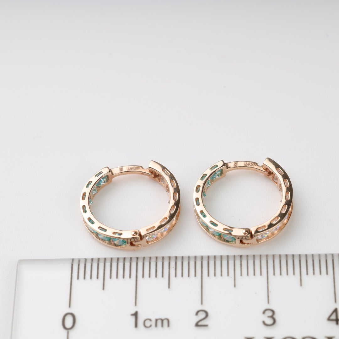 Mint Glow Hoop Earrings with Cubic Zirconia | 14K Rose Gold (585) - Ukrainian Jewelry