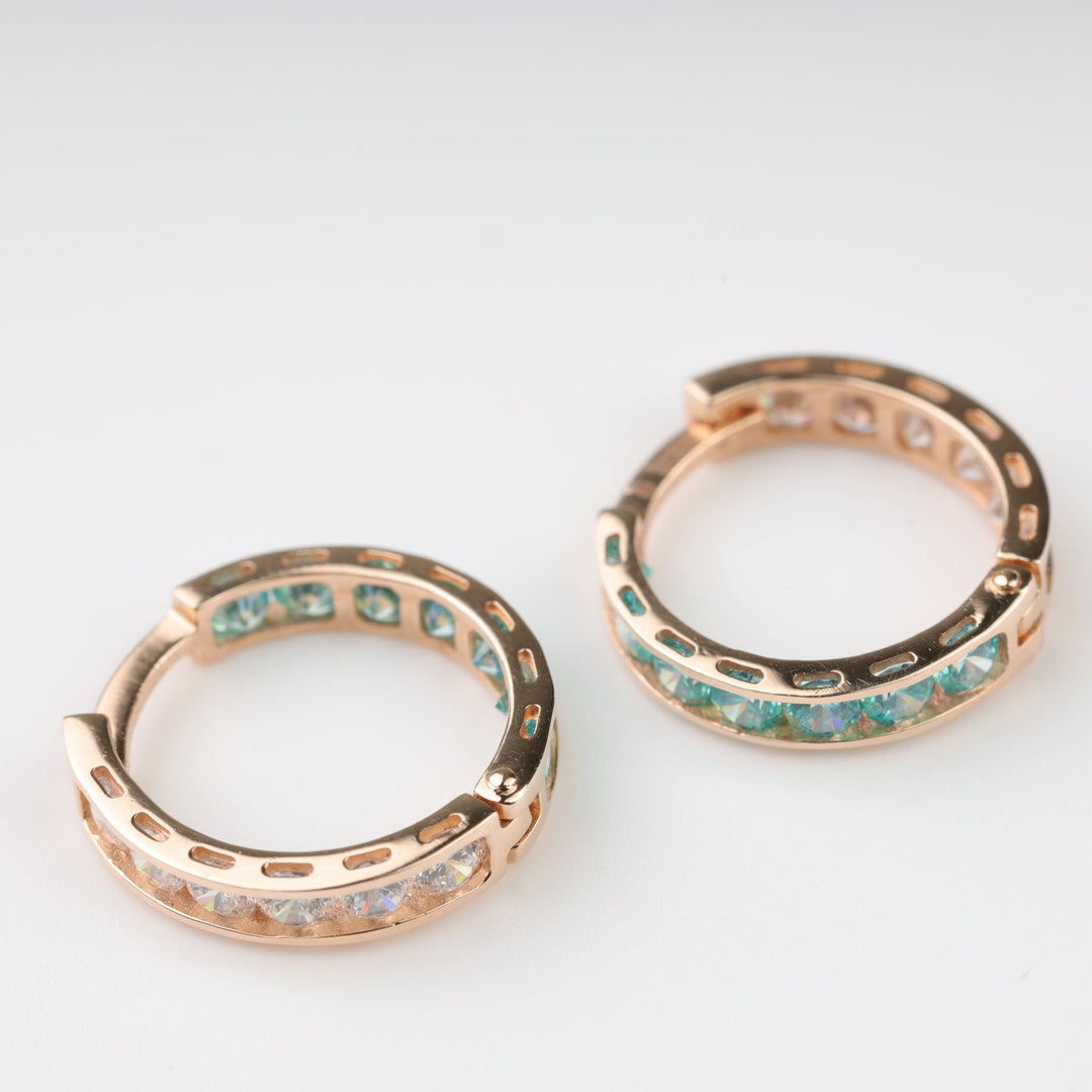 Mint Glow Hoop Earrings with Cubic Zirconia | 14K Rose Gold (585) - Ukrainian Jewelry