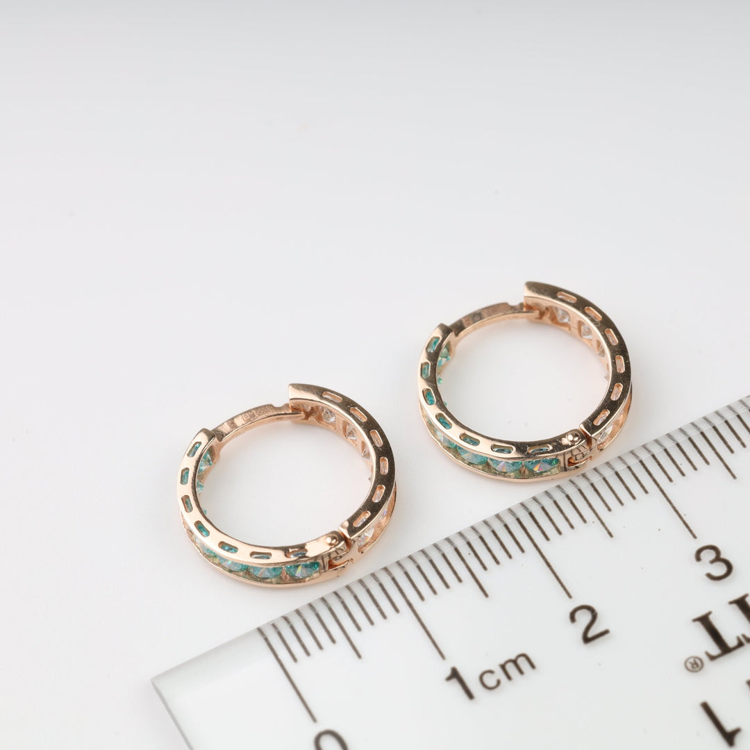 Mint Glow Hoop Earrings with Cubic Zirconia | 14K Rose Gold (585) - Ukrainian Jewelry