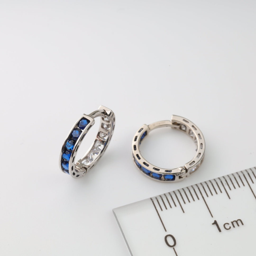 Hoop Earrings with blue Cubic Zirconia | 14K White Gold (585) - Ukrainian Jewelry