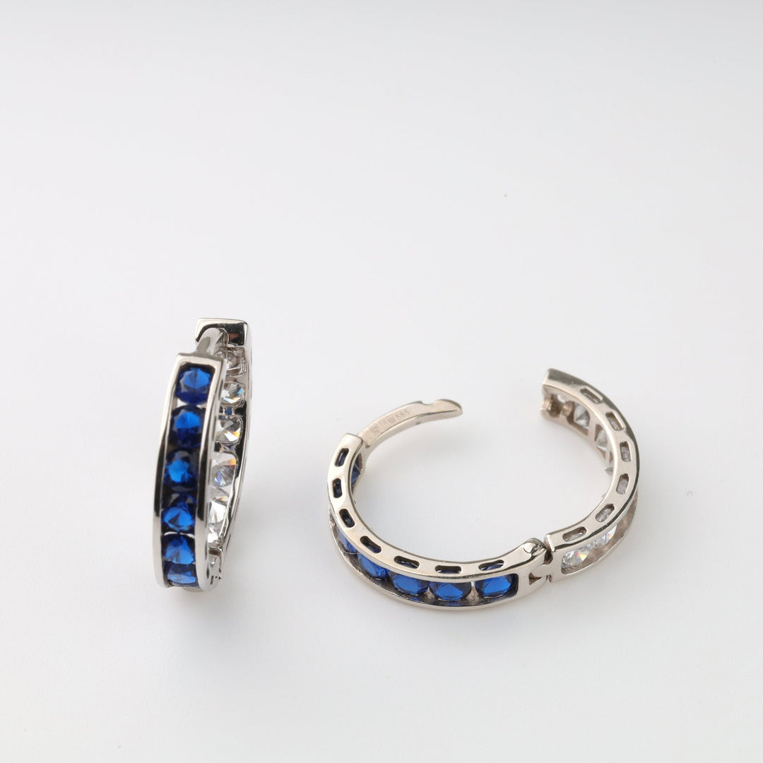 Hoop Earrings with blue Cubic Zirconia | 14K White Gold (585) - Ukrainian Jewelry