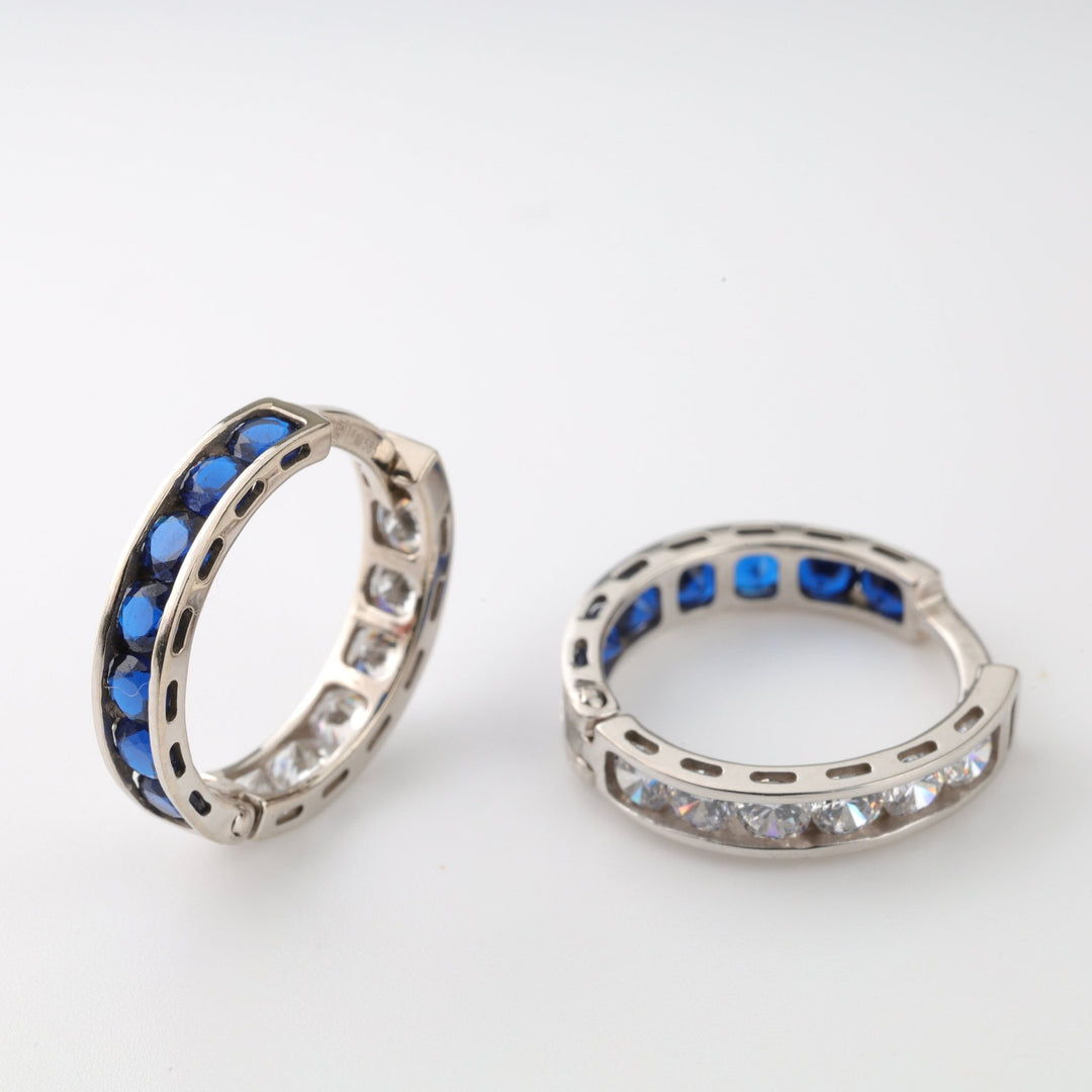 Hoop Earrings with blue Cubic Zirconia | 14K White Gold (585) - Ukrainian Jewelry