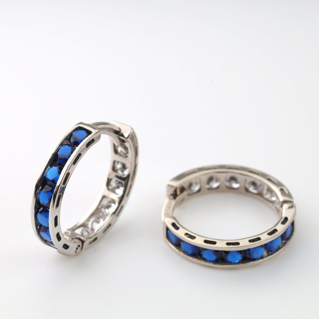 Hoop Earrings with blue Cubic Zirconia | 14K White Gold (585) - Ukrainian Jewelry