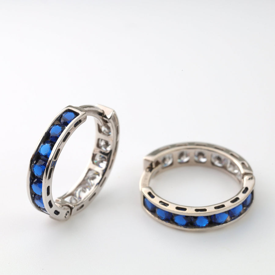 Hoop Earrings with blue Cubic Zirconia | 14K White Gold (585) - Ukrainian Jewelry