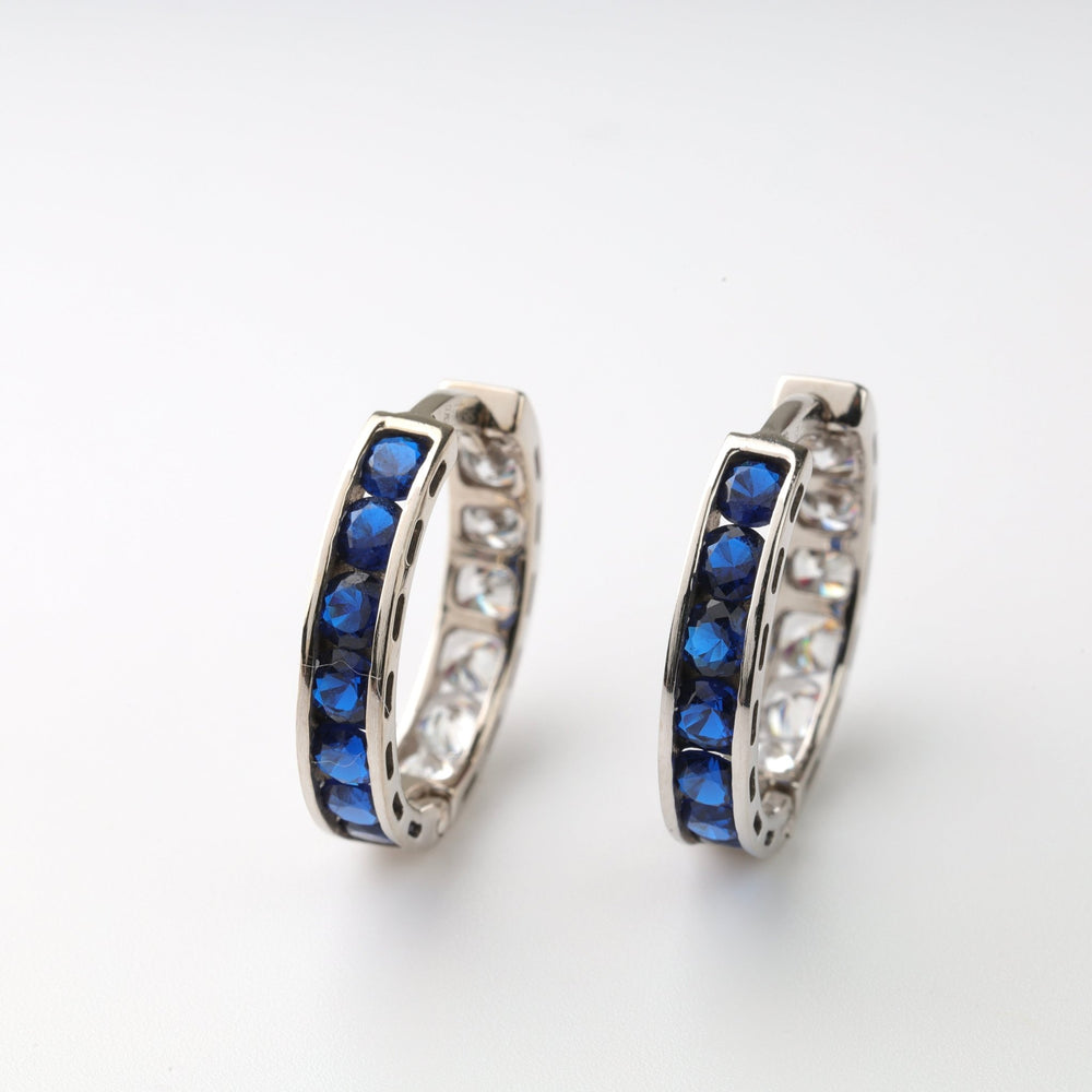 Hoop Earrings with blue Cubic Zirconia | 14K White Gold (585) - Ukrainian Jewelry