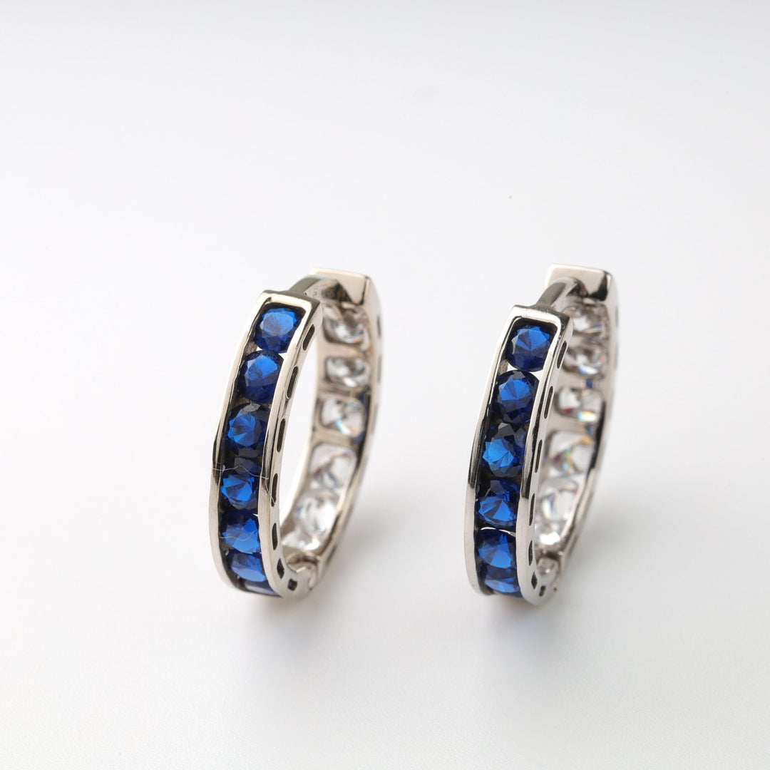 Hoop Earrings with blue Cubic Zirconia | 14K White Gold (585) - Ukrainian Jewelry