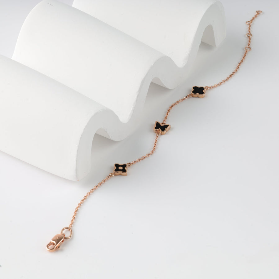 Clover and Flower bracelet with Black Enamel | 14K Rose Gold (585) - Ukrainian Jewelry