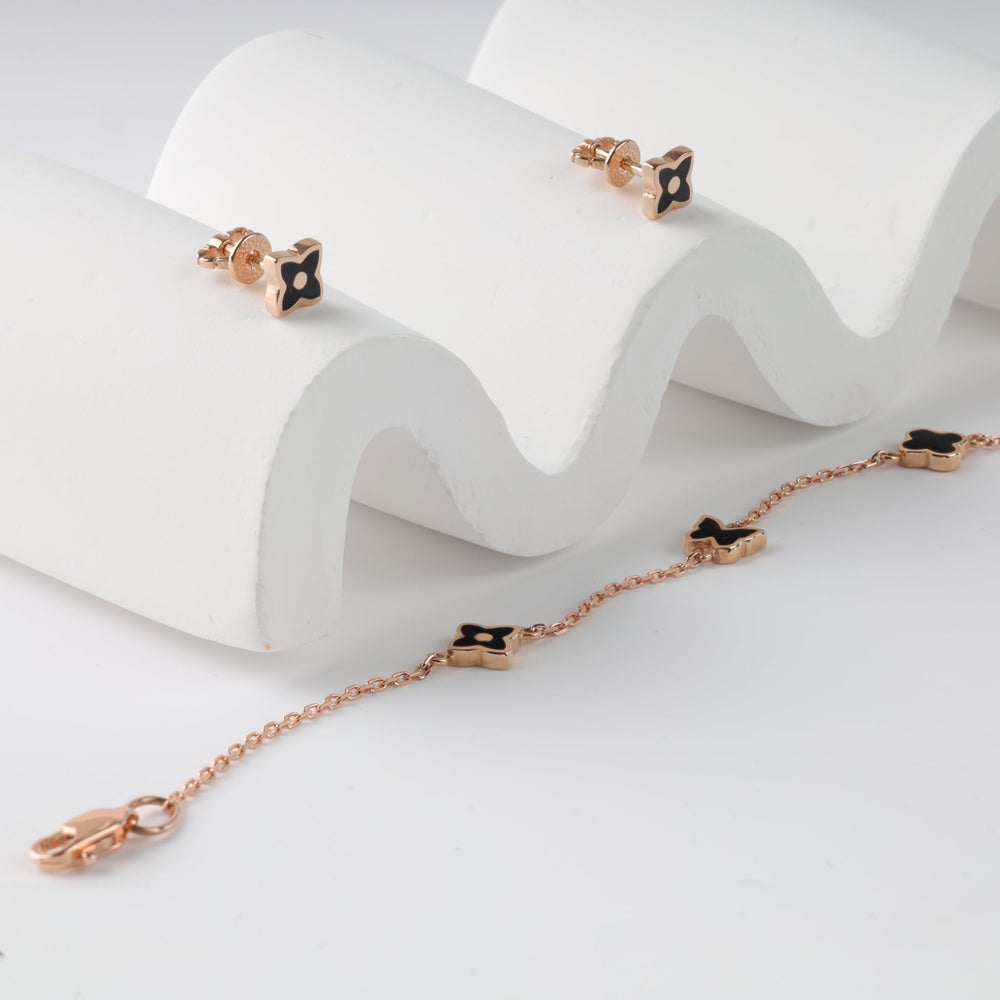 Clover and Flower bracelet with Black Enamel | 14K Rose Gold (585) - Ukrainian Jewelry