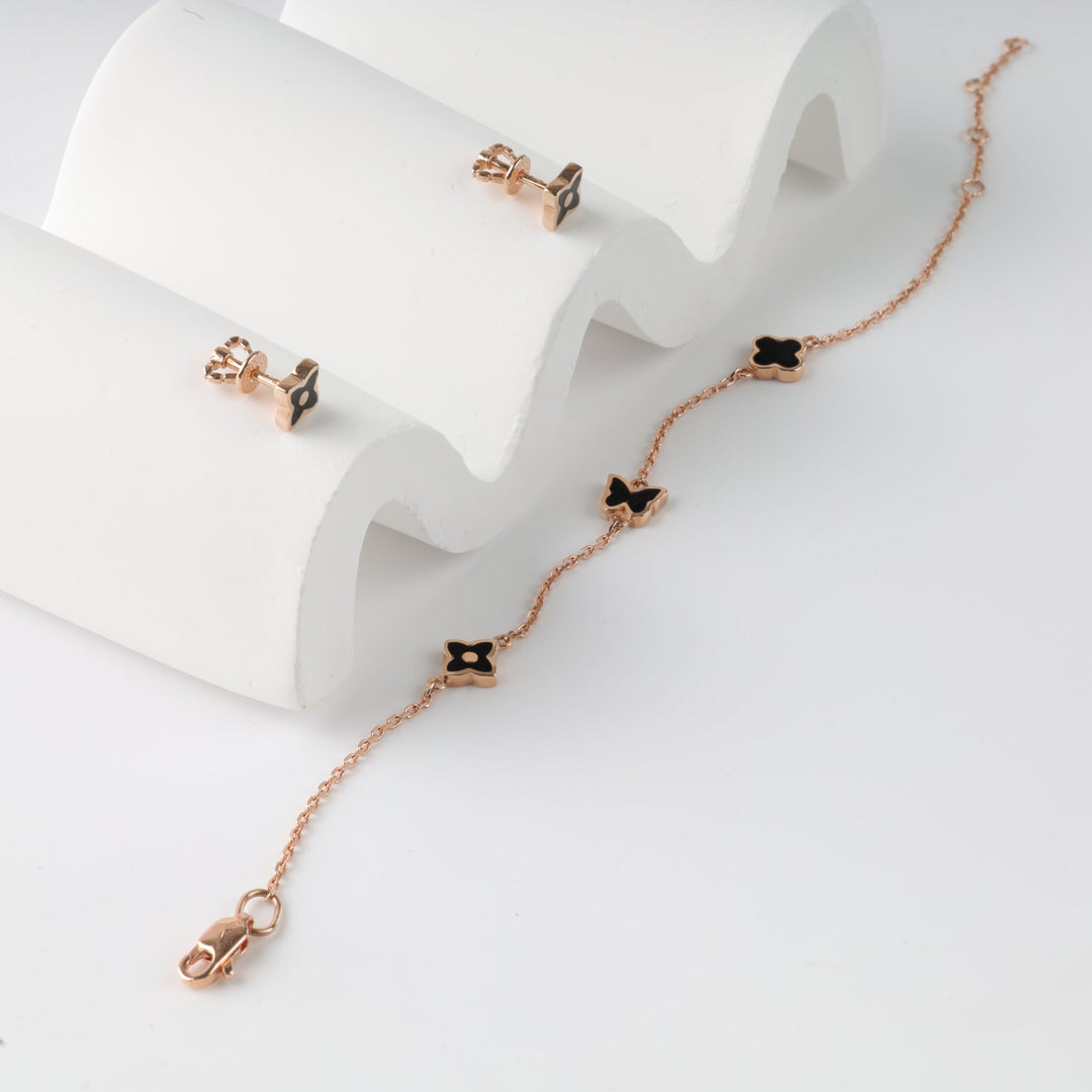 Clover and Flower bracelet with Black Enamel | 14K Rose Gold (585) - Ukrainian Jewelry
