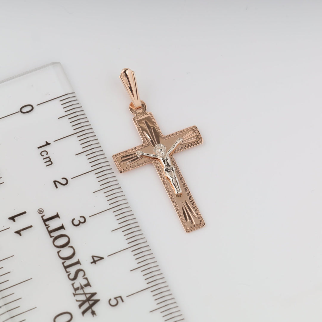Classic Crucifix Cross with Engraved | 14K Rose Gold 585 - Ukrainian Jewelry