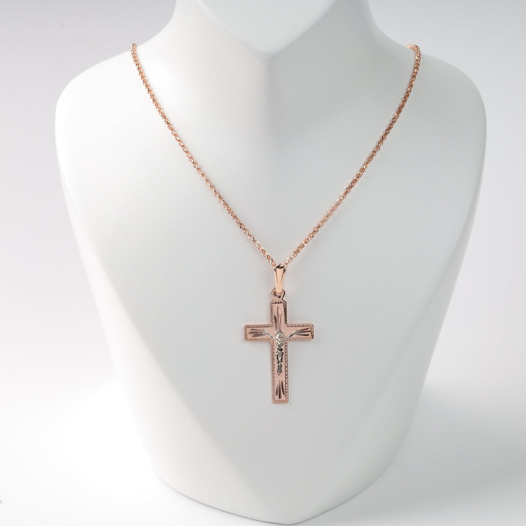 Classic Crucifix Cross with Engraved | 14K Rose Gold 585 - Ukrainian Jewelry