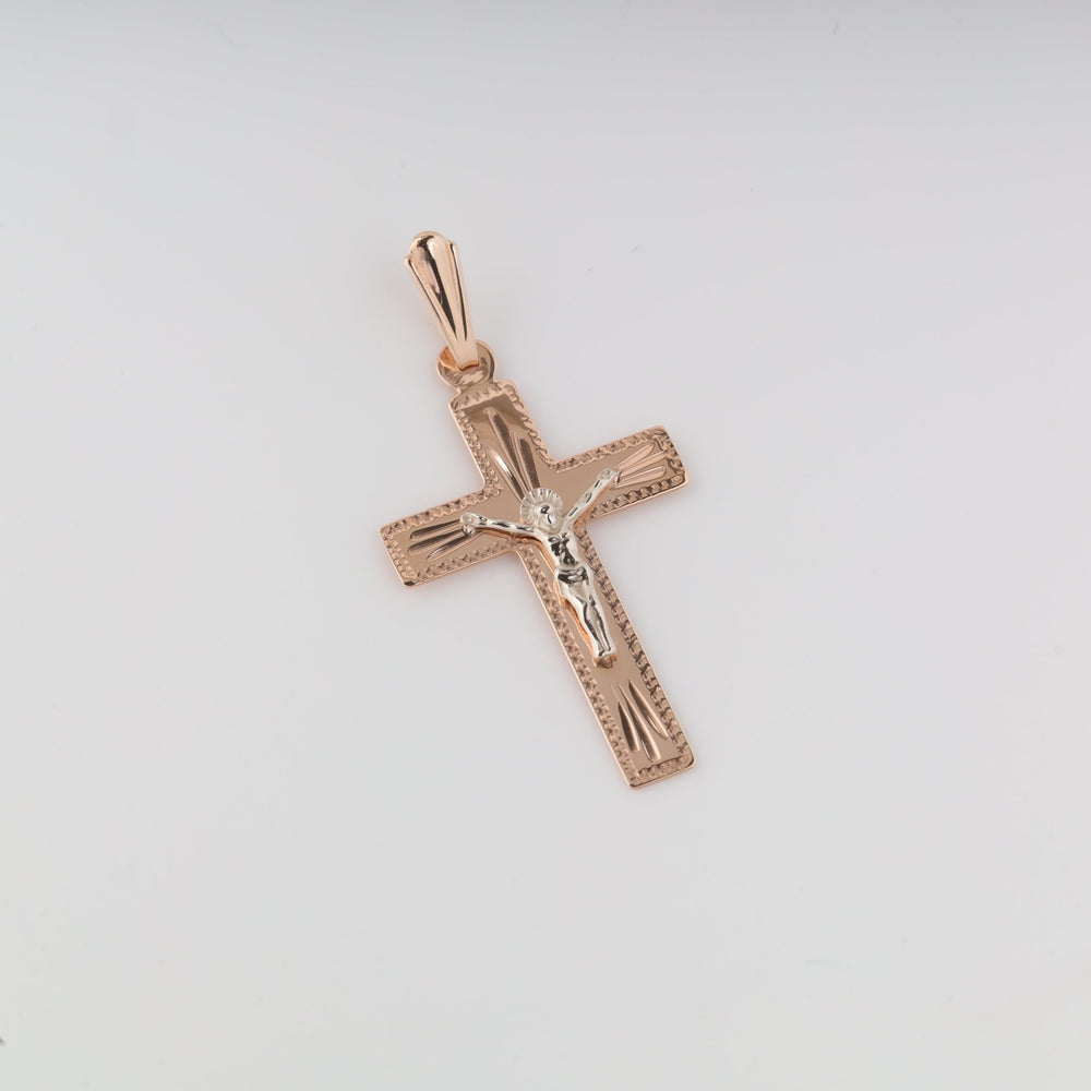Classic Crucifix Cross with Engraved | 14K Rose Gold 585 - Ukrainian Jewelry
