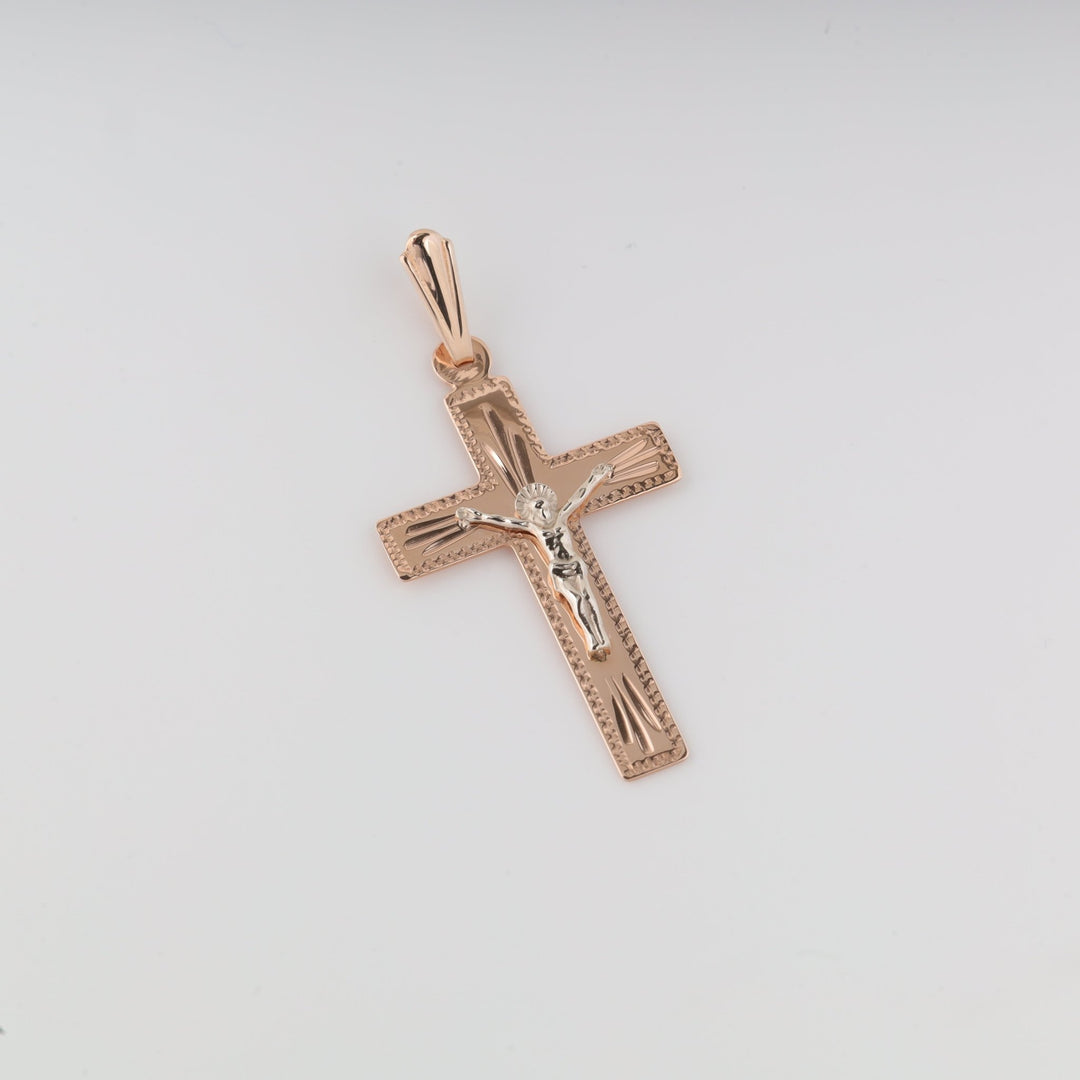Classic Crucifix Cross with Engraved | 14K Rose Gold 585 - Ukrainian Jewelry