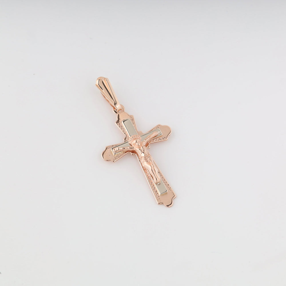 Crucifix Cross "Save and Protect" | 14K Rose Gold (585) - Ukrainian Jewelry