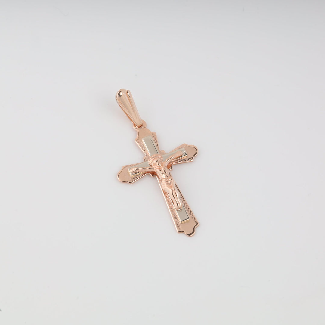 Crucifix Cross "Save and Protect" | 14K Rose Gold (585) - Ukrainian Jewelry