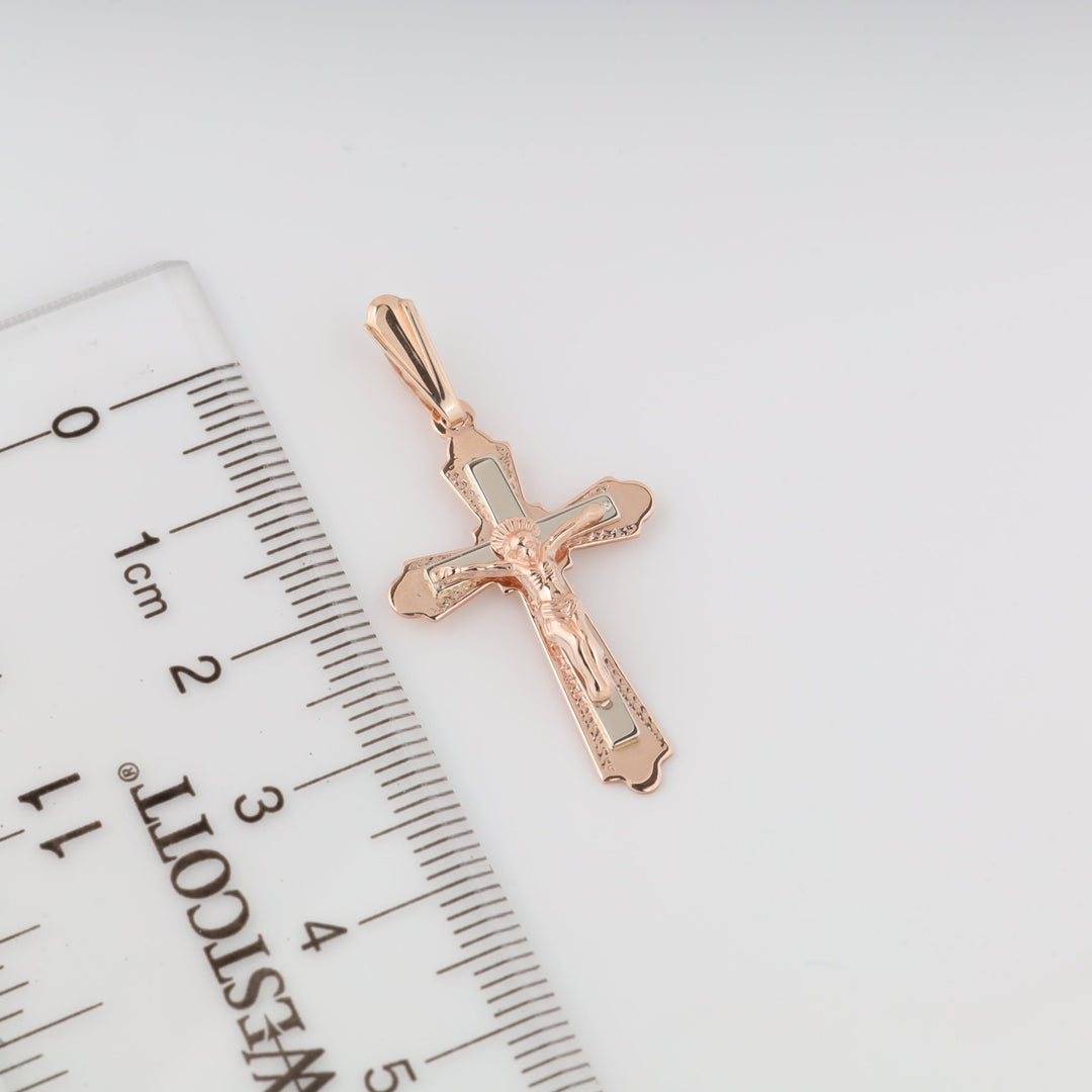 Crucifix Cross "Save and Protect" | 14K Rose Gold (585) - Ukrainian Jewelry