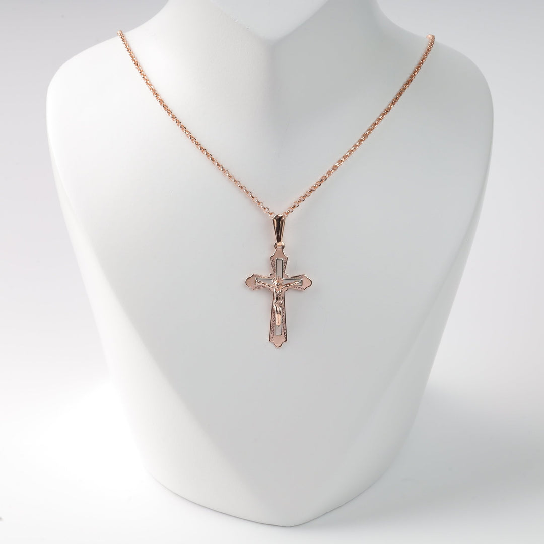Crucifix Cross "Save and Protect" | 14K Rose Gold (585) - Ukrainian Jewelry