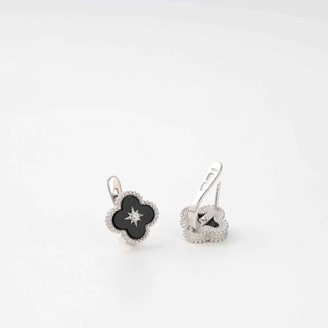 Sterling silver clover earrings with black enamel and star detail, leverback drop earrings, Ukrainian Jewelry for gift or everyday wear.