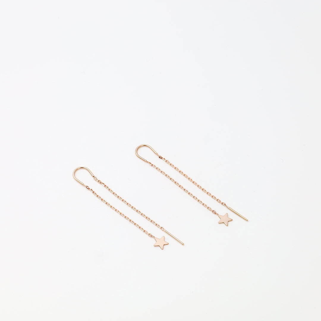 14k gold threader earrings with star charms on fine chains, minimalist dangle jewelry, Ukrainian Jewelry for women.
