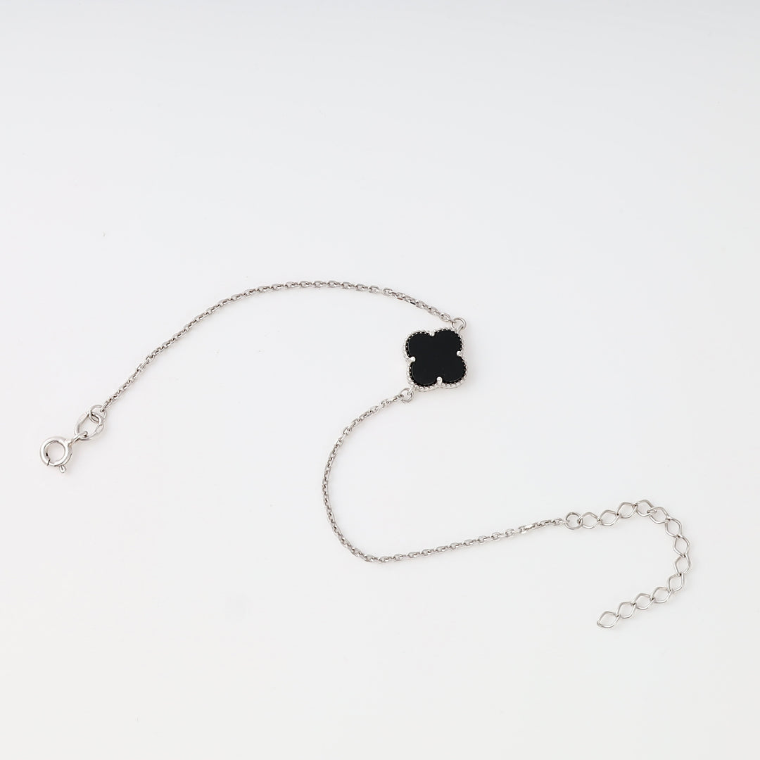 Sterling silver bracelet with black clover charm on chain, minimalist Ukrainian Jewelry, silver clover bracelet gift.